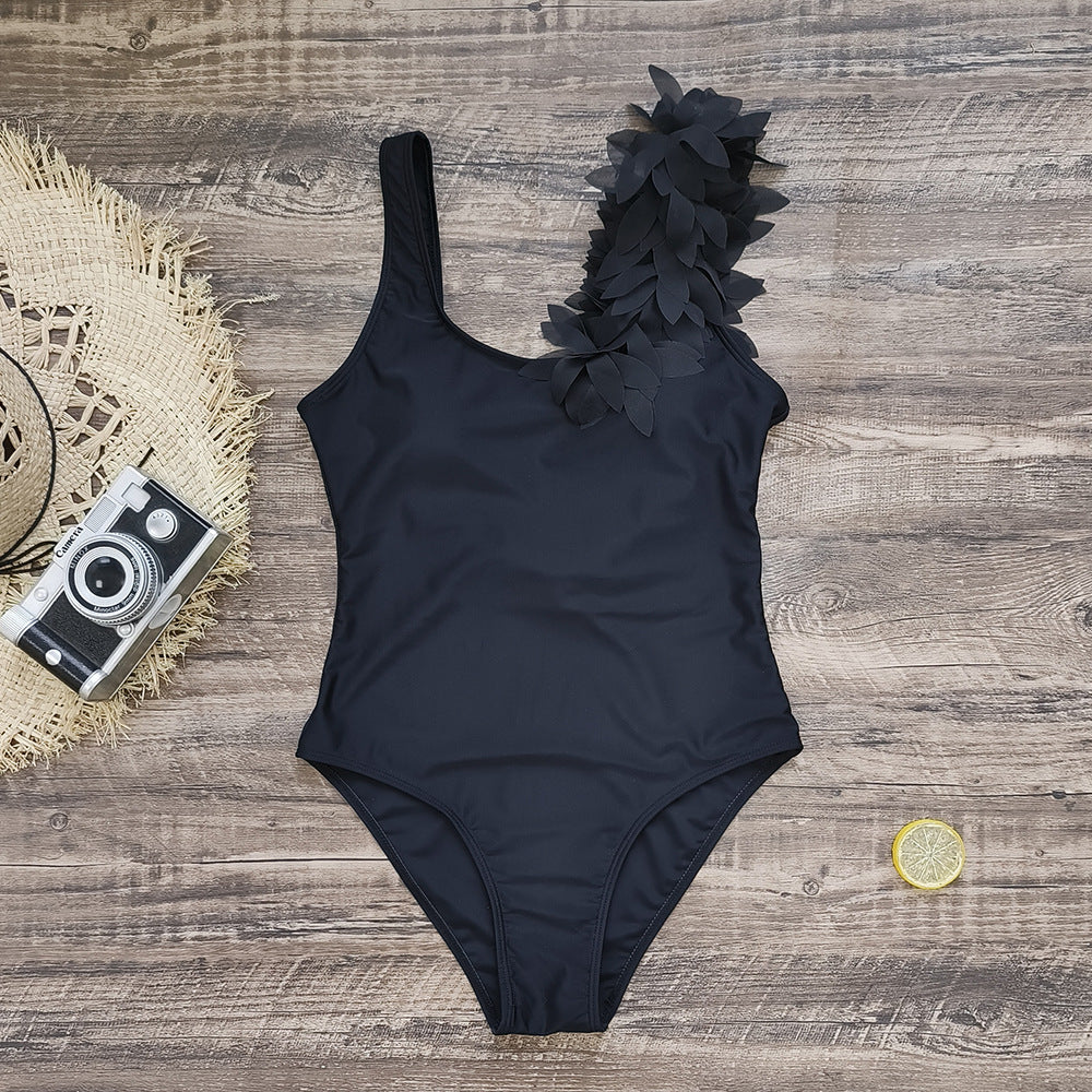 Pure Black Spaghetti Straps Sleeveless One-Piece Swimsuit Women Mesh Flying Edge One Piece Swimsuit