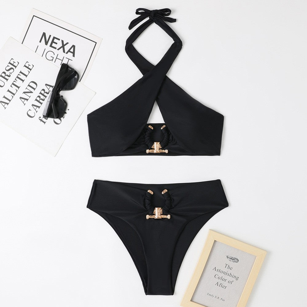 Women Seperated Swimwear Solid Color Cross Halter Sexy Bikini Swimsuit