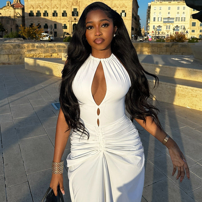 Women Clothing Pleated Sexy Cutout Hip Slim Fit Turtleneck Sleeveless Solid Color Length Dress