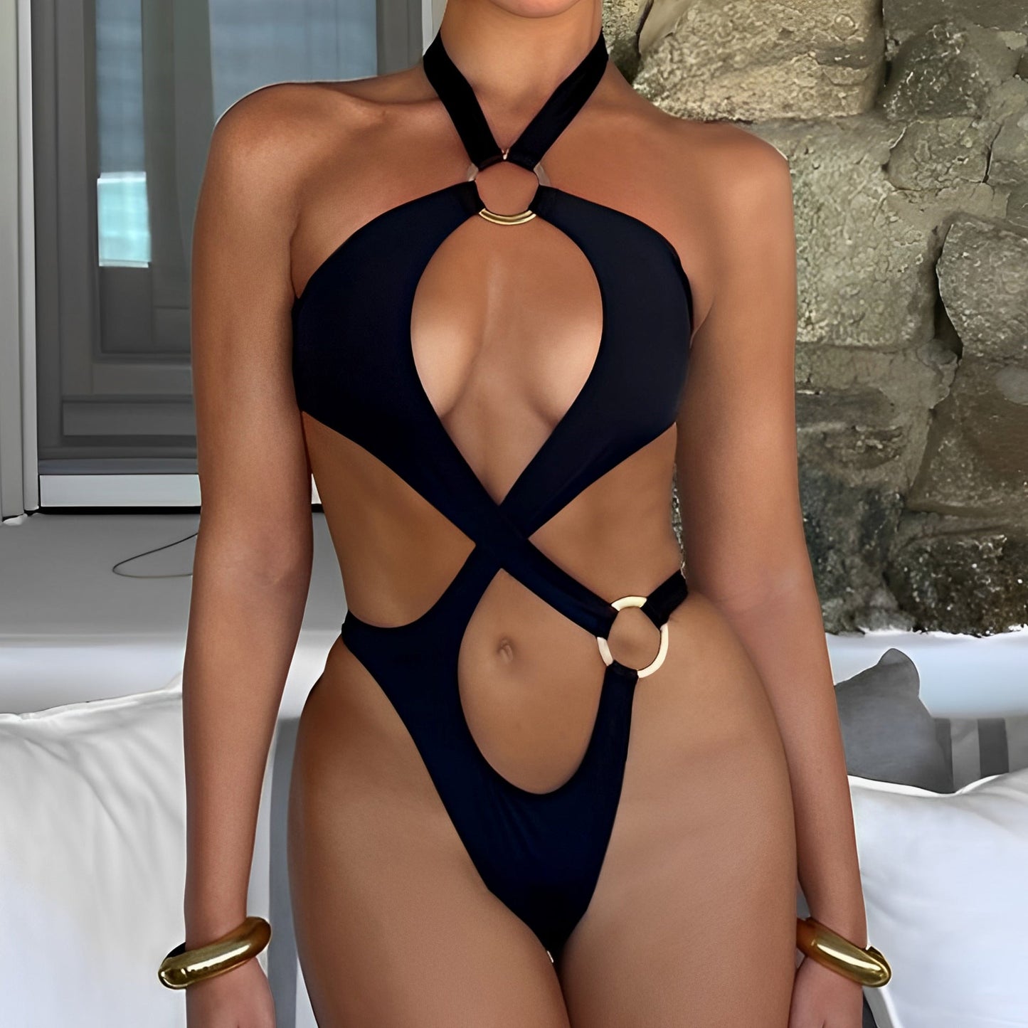Bikini Swimsuit Sexy Solid Color Hollow Out Cutout Siamese Swimsuit