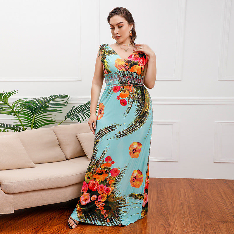 Plus Size Bohemian Ice Silk Printed Midi Dress Seaside Holiday Beach Dress V neck Dress
