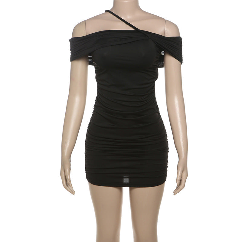 Winter Women Clothing Sexy Solid Color Pleated off Shoulder Collar Tube Top Package Hip Dress