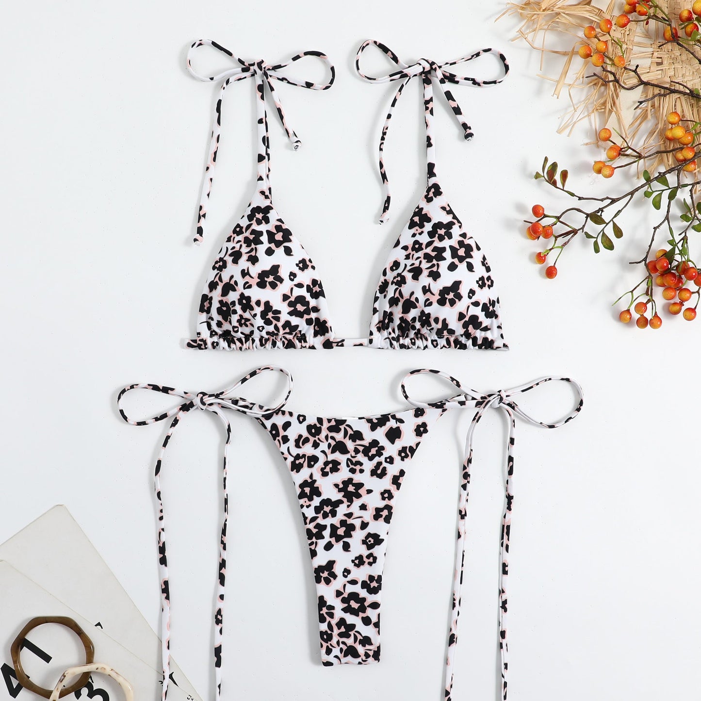 Lady Sexy Triangle Bikini Lace Up Duplex Printing Split Swimsuit Swimwear