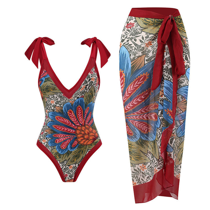Women Sexy Siamese Conservative Cover Belly Thin Swimsuit Spring Bathing Suit Women Chiffon Beach Dress