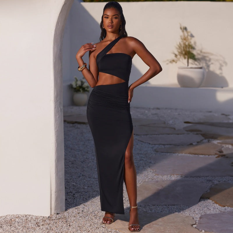 Summer One Shoulder Cropped Sexy Sheath Split Dress Women Clothing