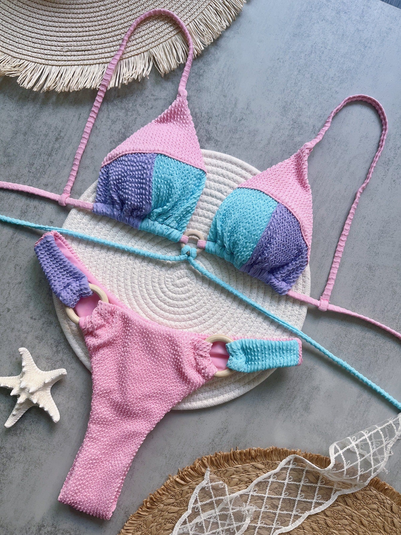 Rib Fabric Stitching Solid Color Bikini Sexy Backless Split Swimsuit Nylon Bikini