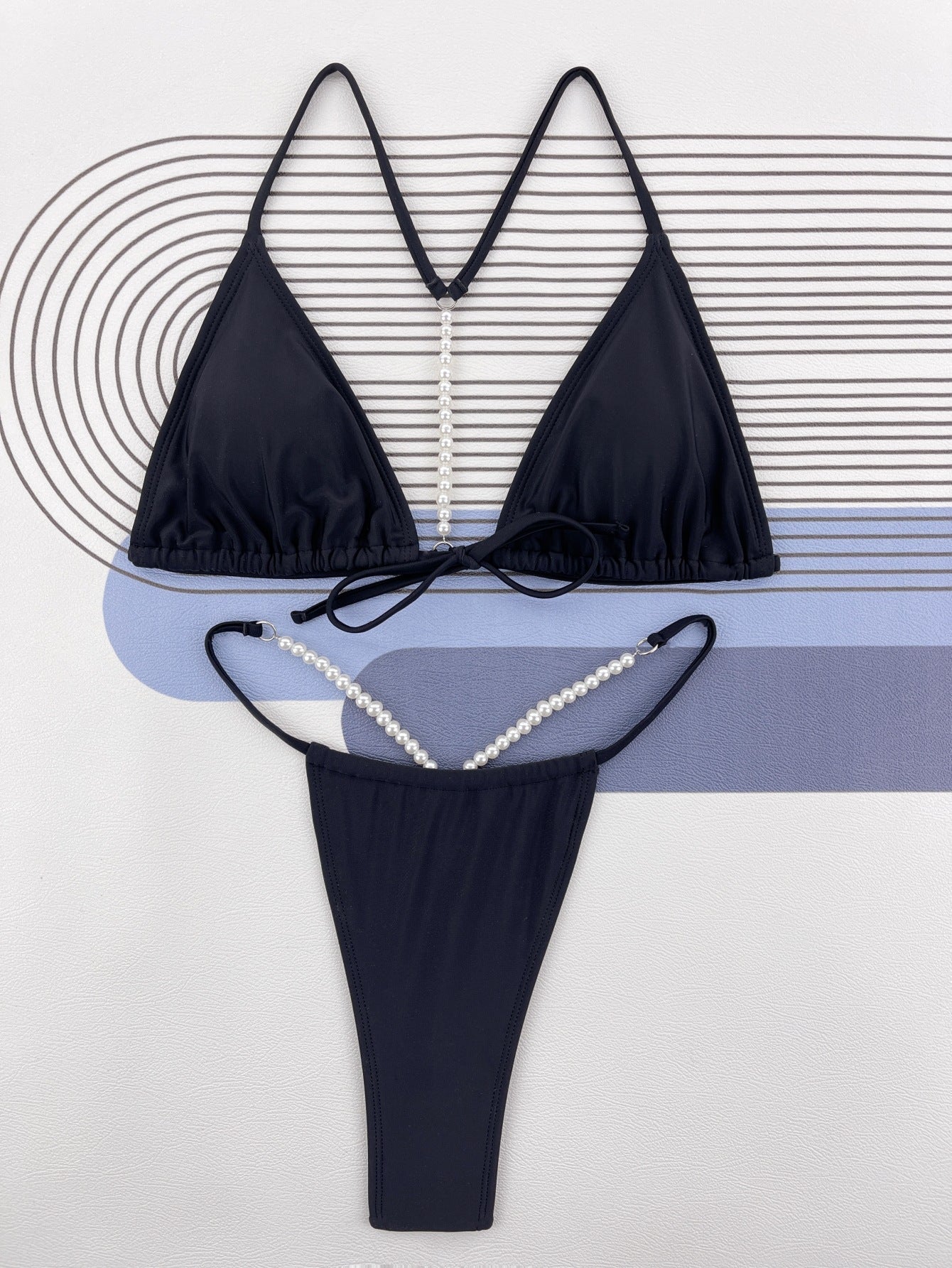 Set Sexy Bikini Pearl Chain Solid Color Swimsuit