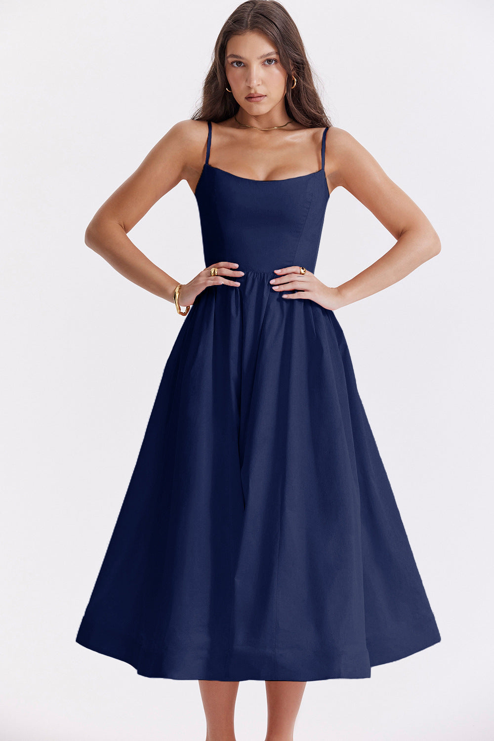 Women Clothing Solid Color Sexy Backless Spaghetti Straps Large Swing Dress Women