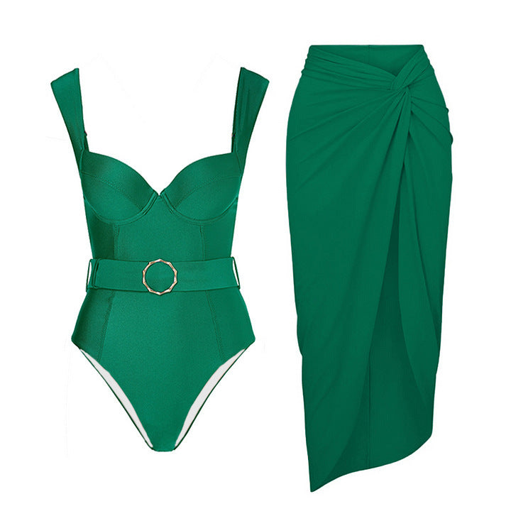 Solid Color One Piece Women Swimwear French Retro Cover Belly Slimming Swimsuit