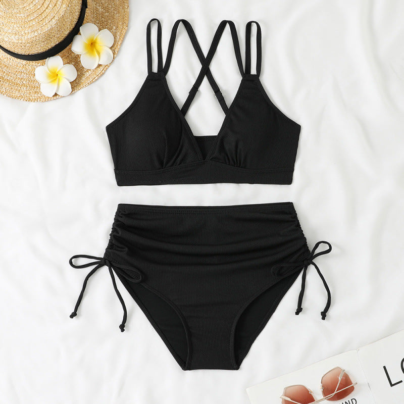 Swimwear Bikini Split High Waist Sunken Stripe Sexy Swimsuit Women Solid Color Split Swimsuit Swimsuit