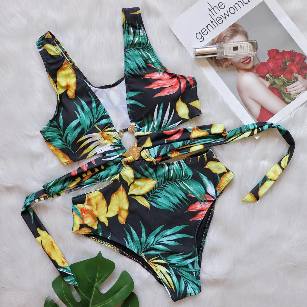 Bikini Sexy Deep V Plunge neck Metal Strap Women Swimsuit High Waist Bathing Suit