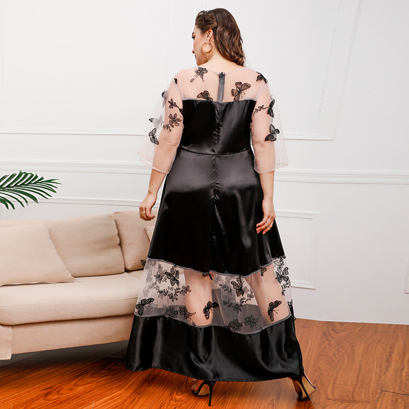 Plus Size French Royal Mesh Stitching Lace Girls Wearable Mid-Length Dress Ogen Mesh Banquet Dress