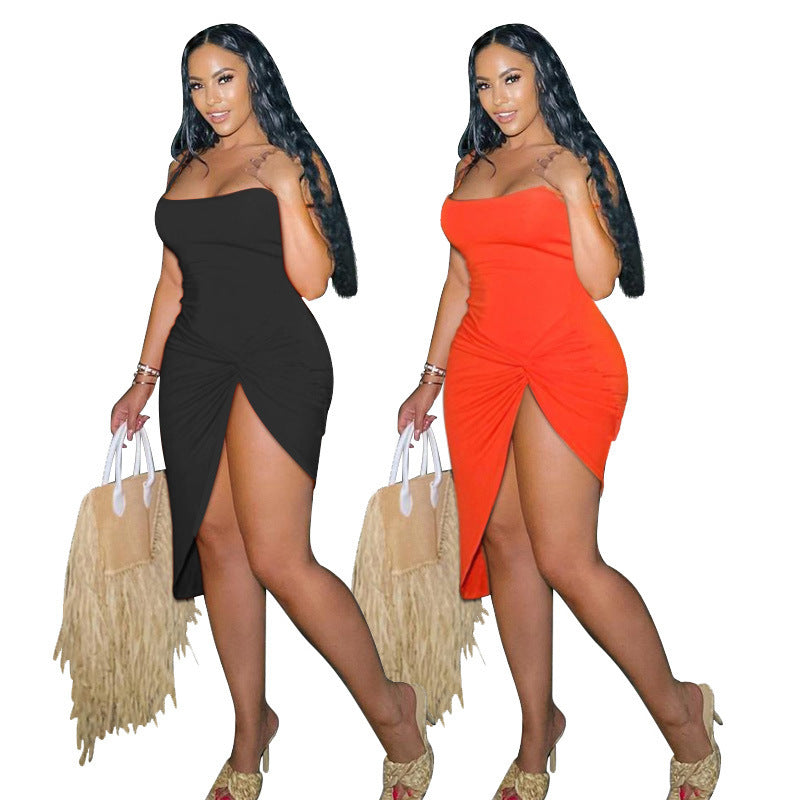 Dress Women Clothes -Selling Fashion Simple Solid Color Beveled Strap Dress