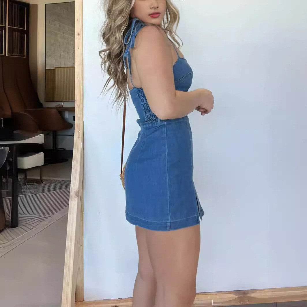 Summer Slim Fit Slit Sling Denim Dress Women