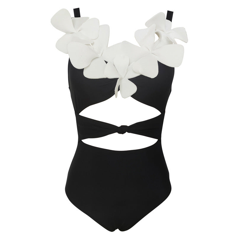 Solid Color Slim Fit Slimming Three Dimensional Floral Design One Piece Women Swimsuit