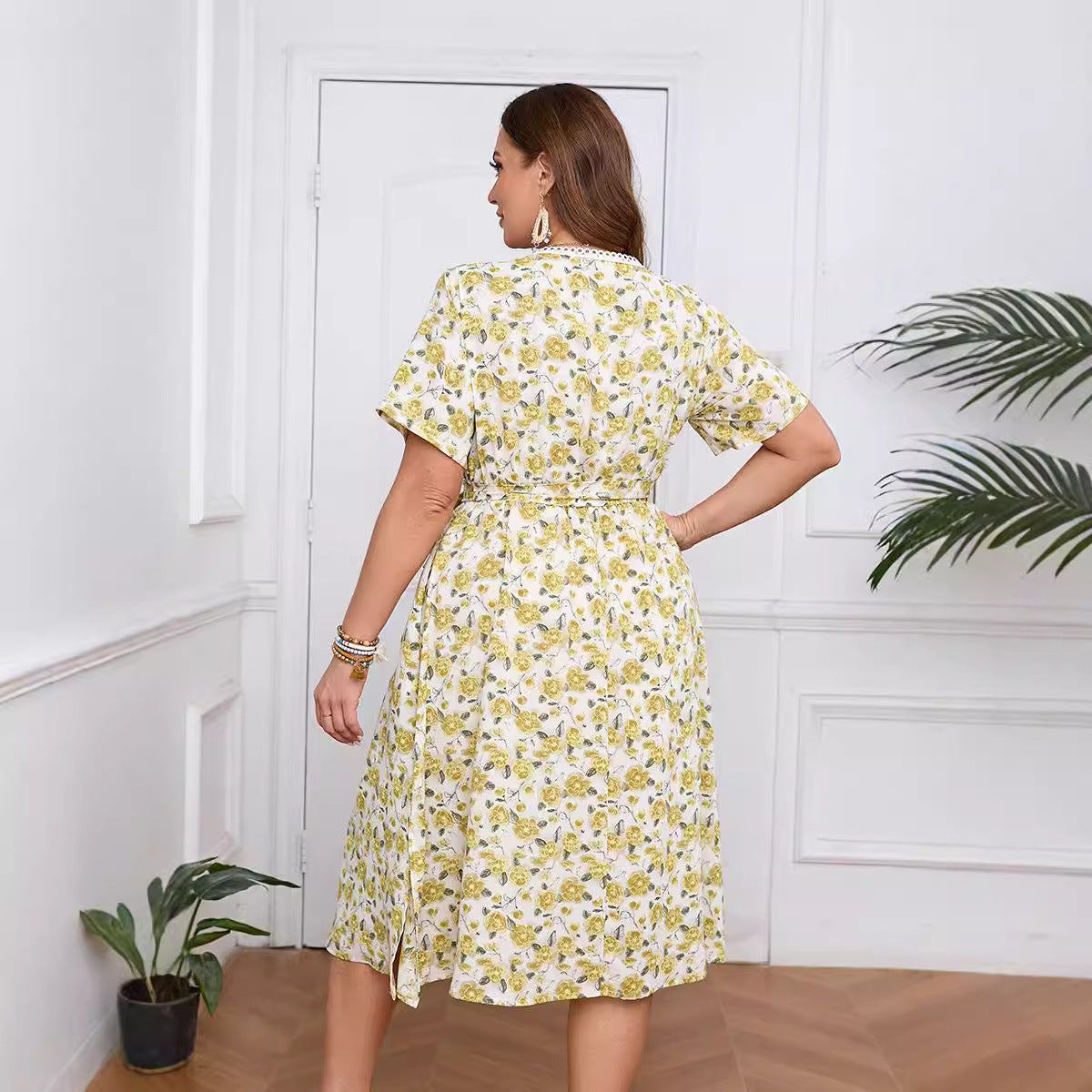 Plus Size V neck Lace Floral Dress Printed Summer Mid with Pockets