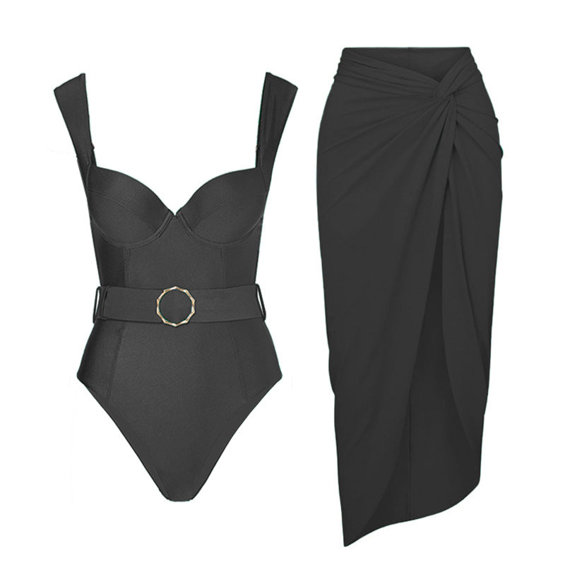 Solid Color One Piece Women Swimwear French Retro Cover Belly Slimming Swimsuit