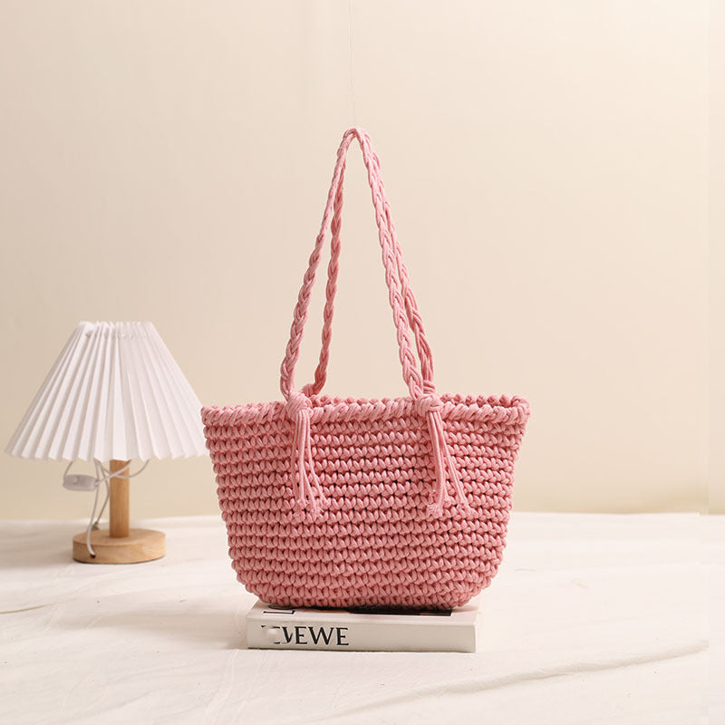 Tassel Shoulder Cotton Thread Woven Bag Solid Color Straw Bag Vacation Beach Bag Casual Women Bag