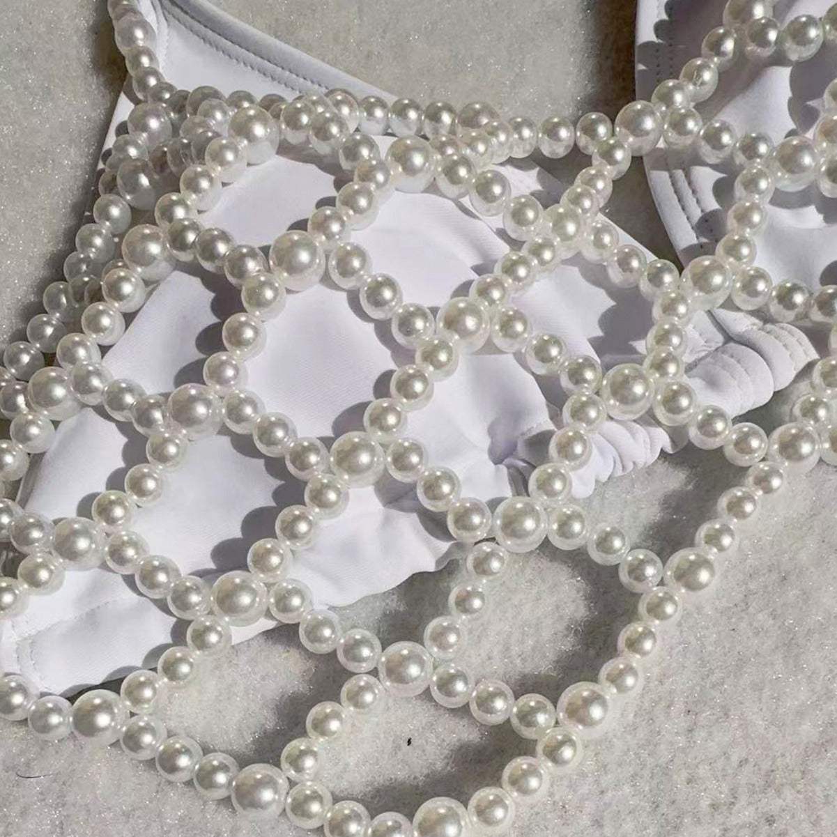 Pearl Chain Tied Swimsuit Women Sexy Bikini Advanced Split Three Piece Set