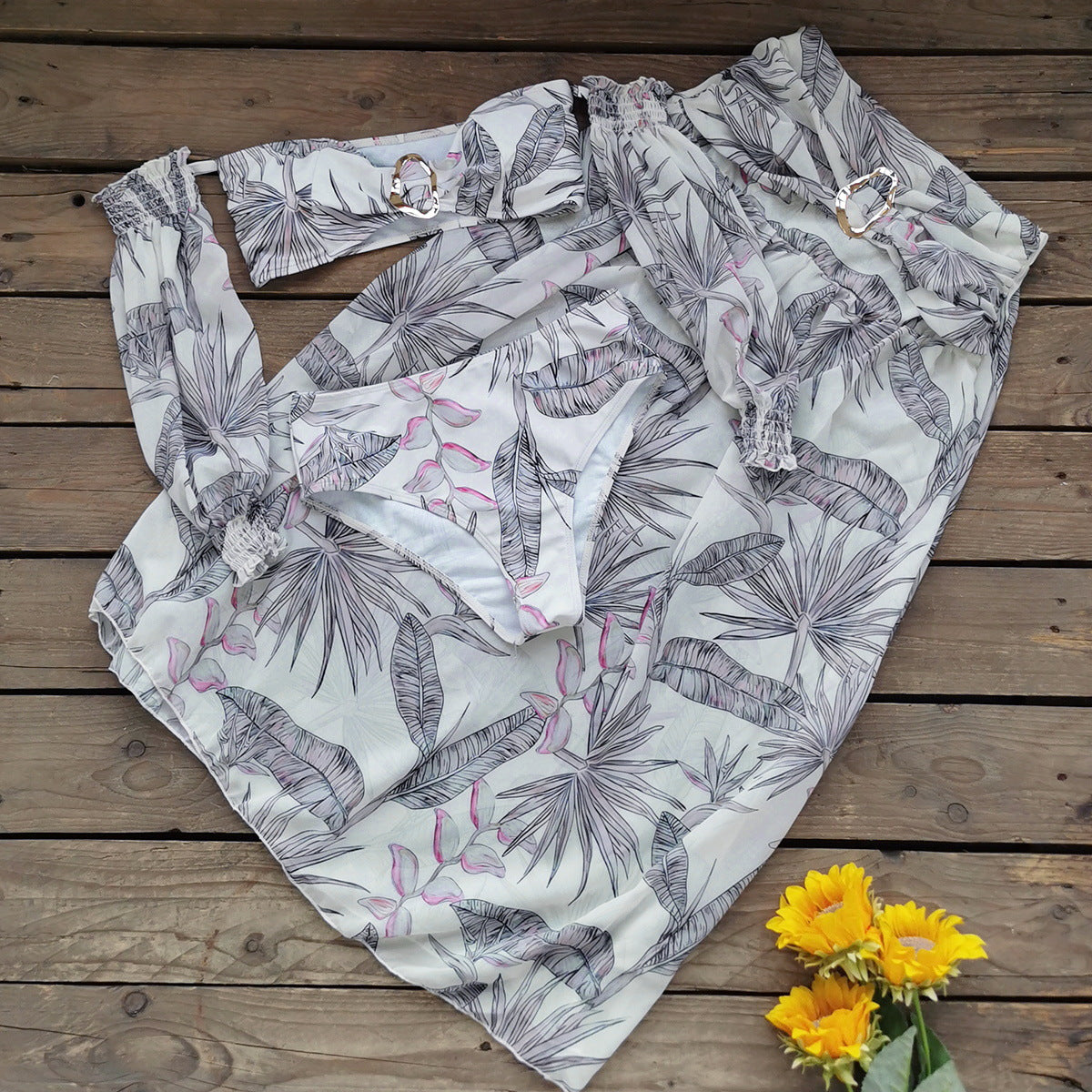 Retro Printed Mesh Long Sleeve Tube Top High Waist Bikini Split Swimsuit Women Skirt Three Piece Sets