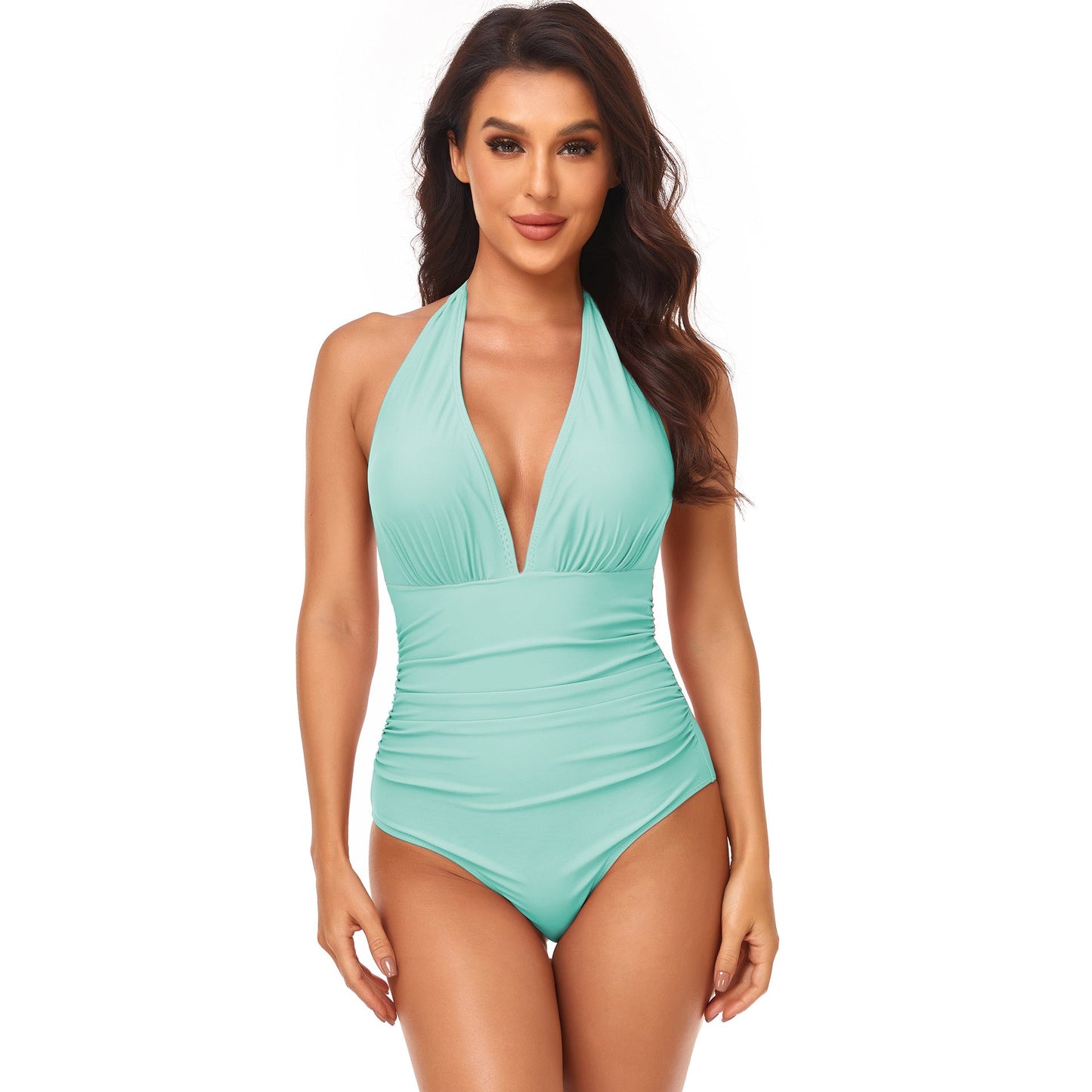 Solid Color One Piece Swimsuit Pleating Halter Swimsuit Popular One Piece Swimsuit