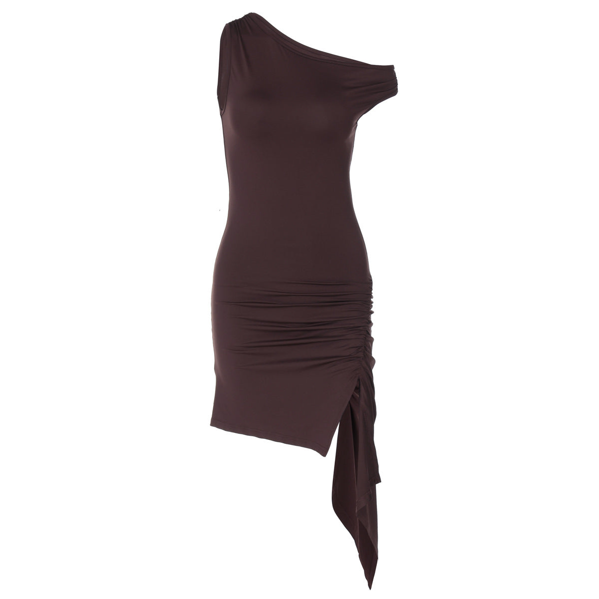 Spring Women Clothing Solid Color Diagonal Collar One Shoulder Irregular Asymmetric Ruffle Hip Dress Women
