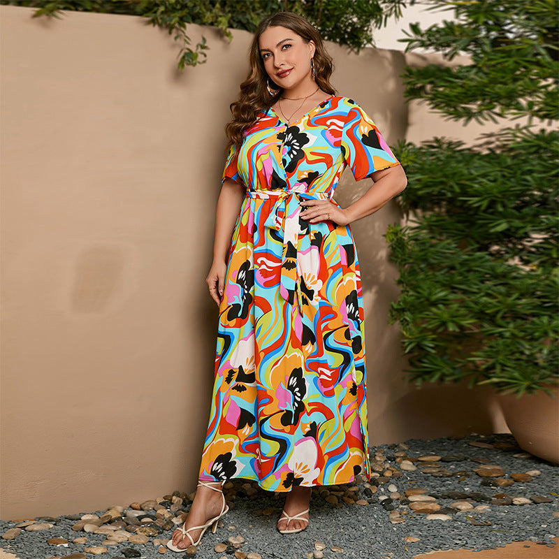 Plus Size Dress Summer Art Painted Floral Elastic Waist Short Sleeve Dress