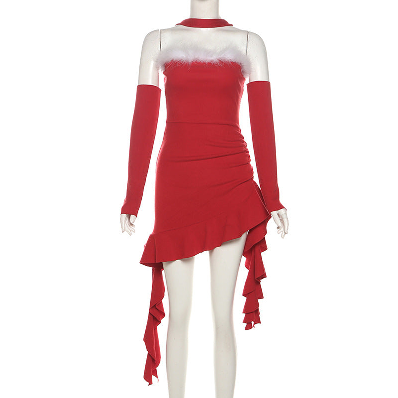 Winter Christmas Women Sexy Sexy Tube Top Neck Sling Long Cuff Irregular Asymmetric Dress