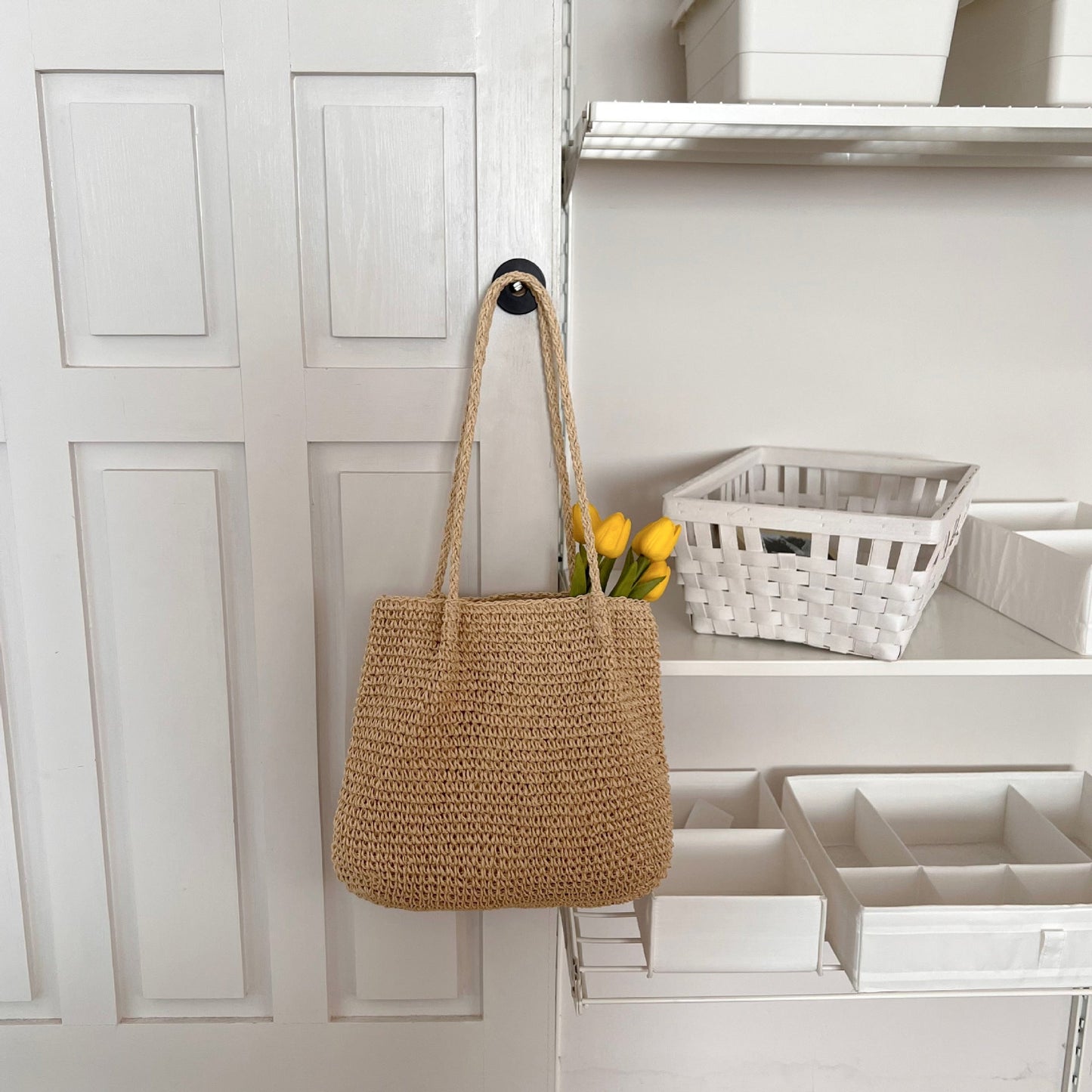 One Shoulder Large Capacity Straw Bag Portable Simplicity Casual Straw Bag Woven Bag Seaside Vacation Beach Bag Rattan Weave Bag Women