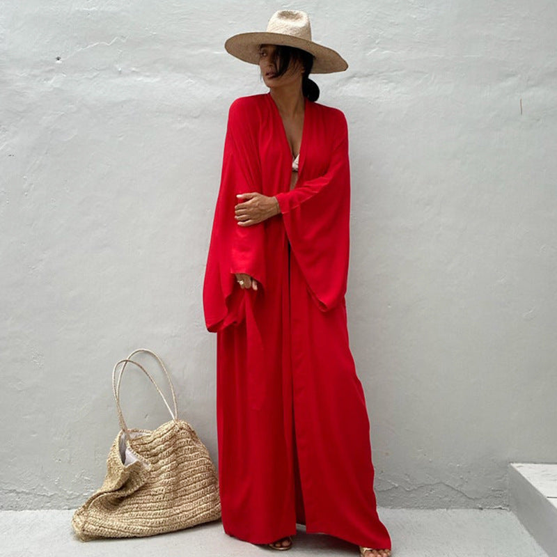 Rayon Loose Long Cardigan Beach Sun Protection Coat Seaside Vacation Beach Cover Up Swimsuit Outwear Women