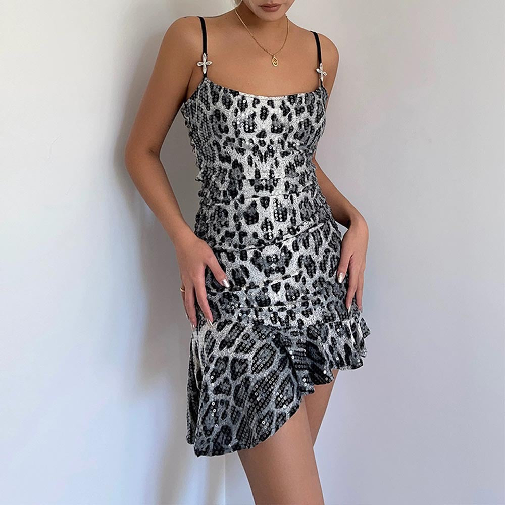 Women Clothing Autumn Sequined Leopard Backless Cross Decoration Sexy Dress