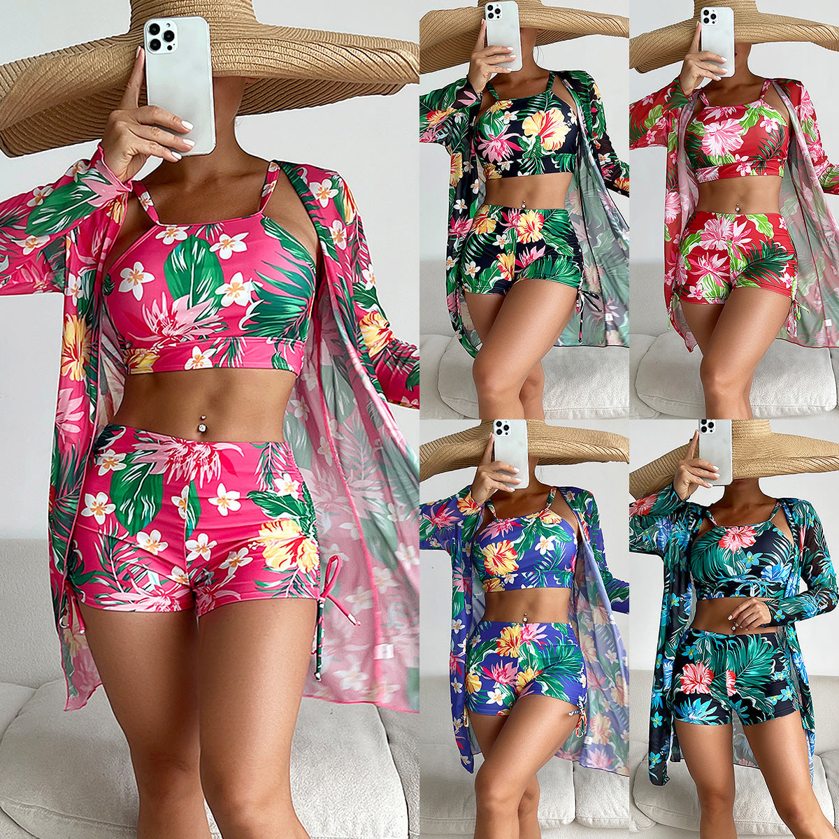 Swimsuit Women Split Three Piece Boxer Shorts Printing Mesh Red Conservative Swimsuit