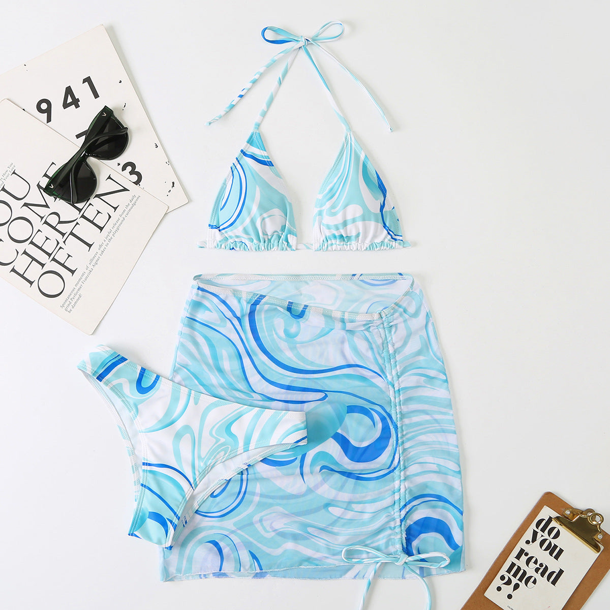 Women Swimsuit Women Split Three Piece Skirt Striped Bikini