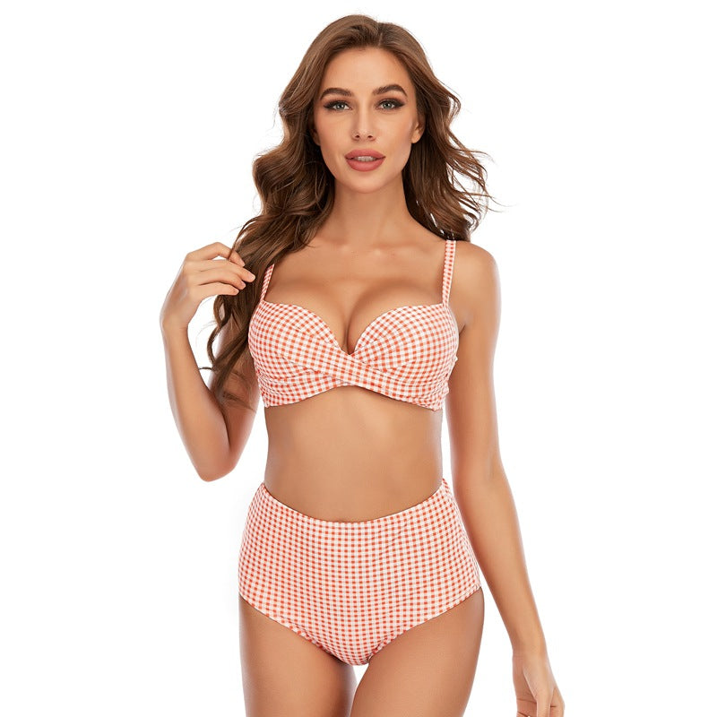 Houndstooth Split Swimsuit Women Sexy Halter Bikini High Waist Swimsuit