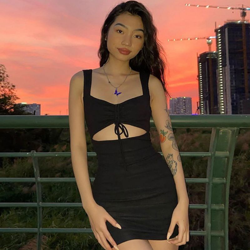 Summer Pleating Solid Color Tied Sexy Tight Sexy Strap Dress