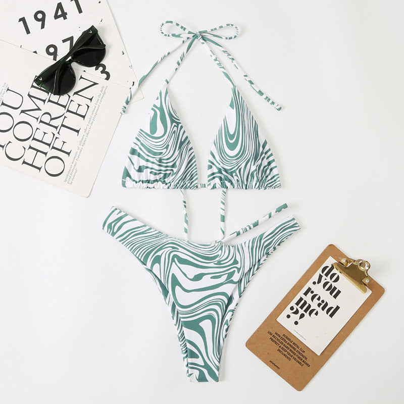 Multi Color Digital Printing Women Split Bikini Lace Up Swimsuit