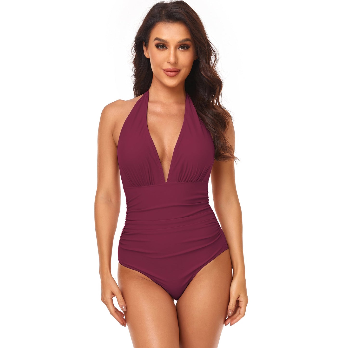 Solid Color One Piece Swimsuit Pleating Halter Swimsuit Popular One Piece Swimsuit