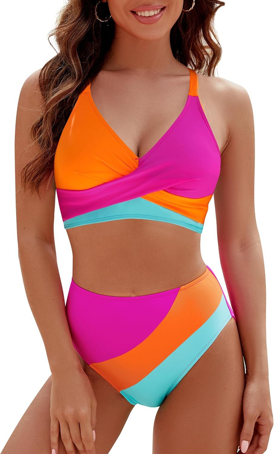 Bikini Contrast Color High Waist Lace up Sexy Split Bikini Swimsuit Swimwear