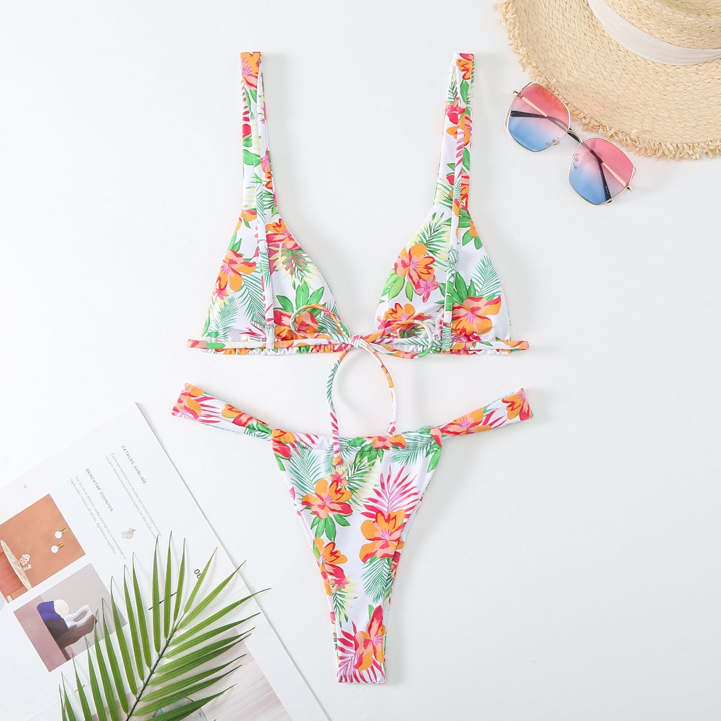Swimsuit Women Printed Lace up Sexy Backless Split Swimsuit Floral Three Point Bikini