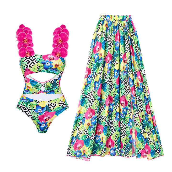 Floral Shoulder Strap Hollow Out Cutout Print One Piece Swimsuit Women Holiday