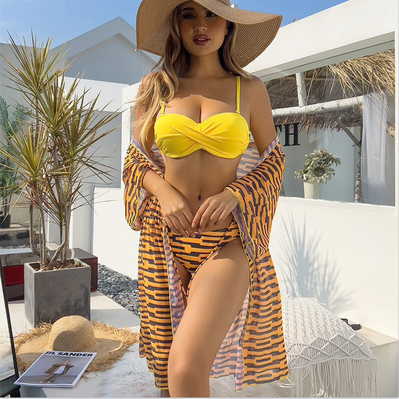 Lonkey Mesh Three Piece Swimsuit Women's Digital Printing Twist Bag Sun Protection Clothing