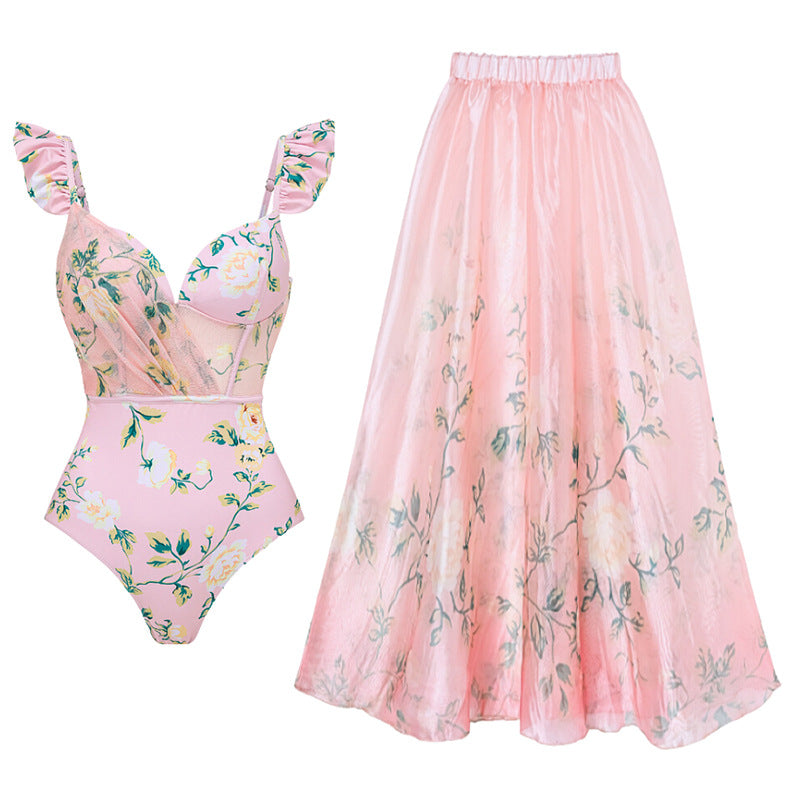 Floral Decorative Mesh Split Swimsuit Women High Waist Bikini Umbrella Skirt