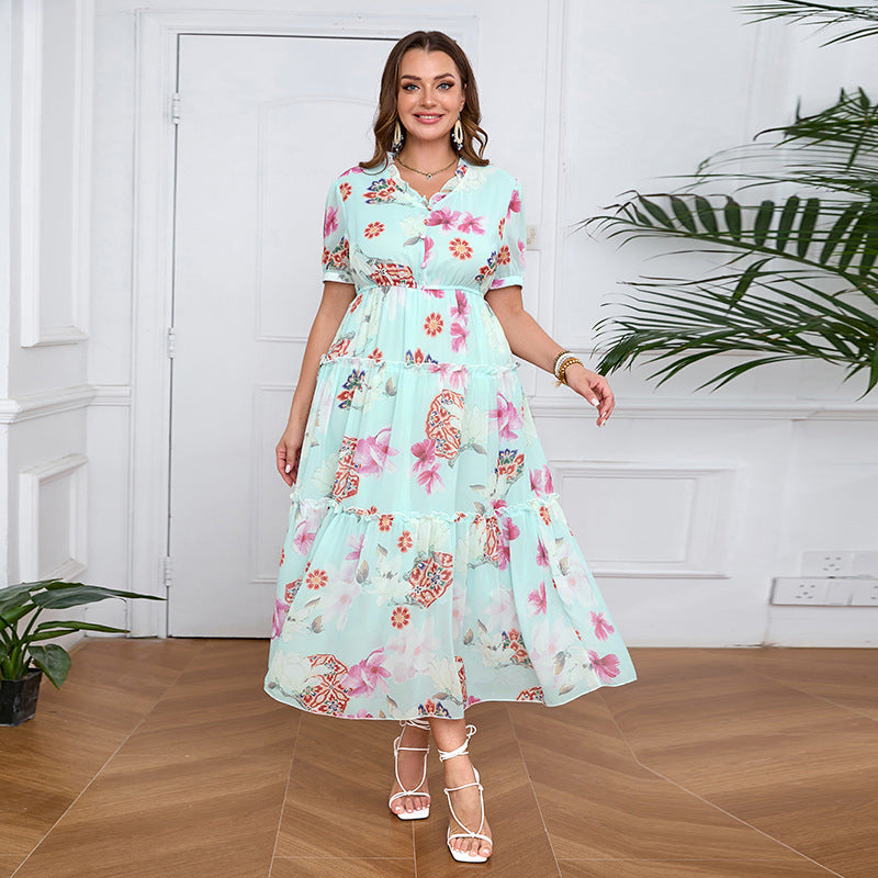 Plus Size Dress Ruffled Tencel Chiffon Big Swing Maxi Dress