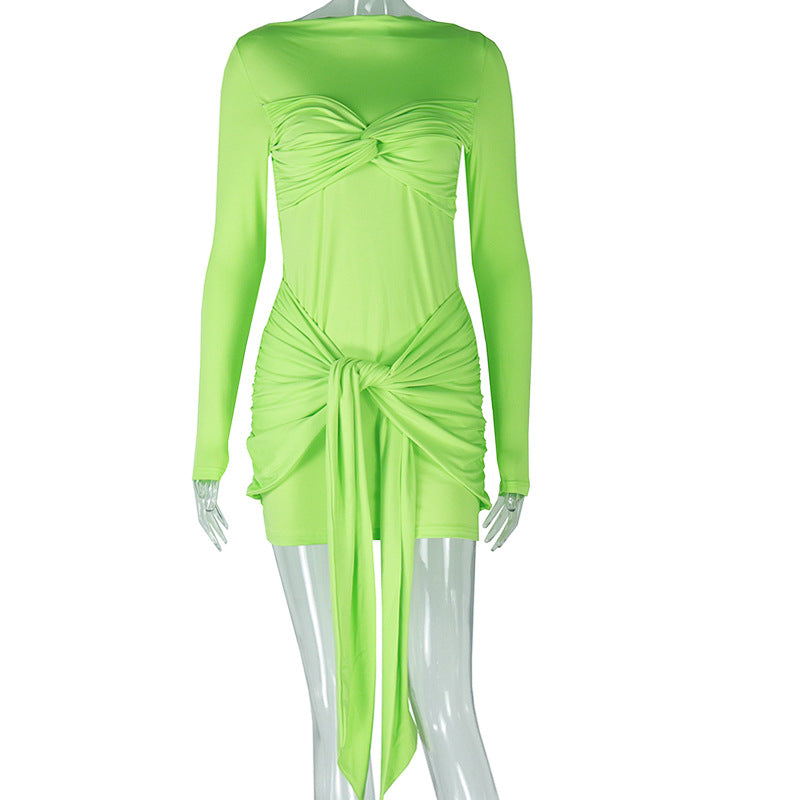Women Clothing Elegant Stitching Solid Color Tied Bag Hip Long Sleeve round Neck High Waist Short Dress