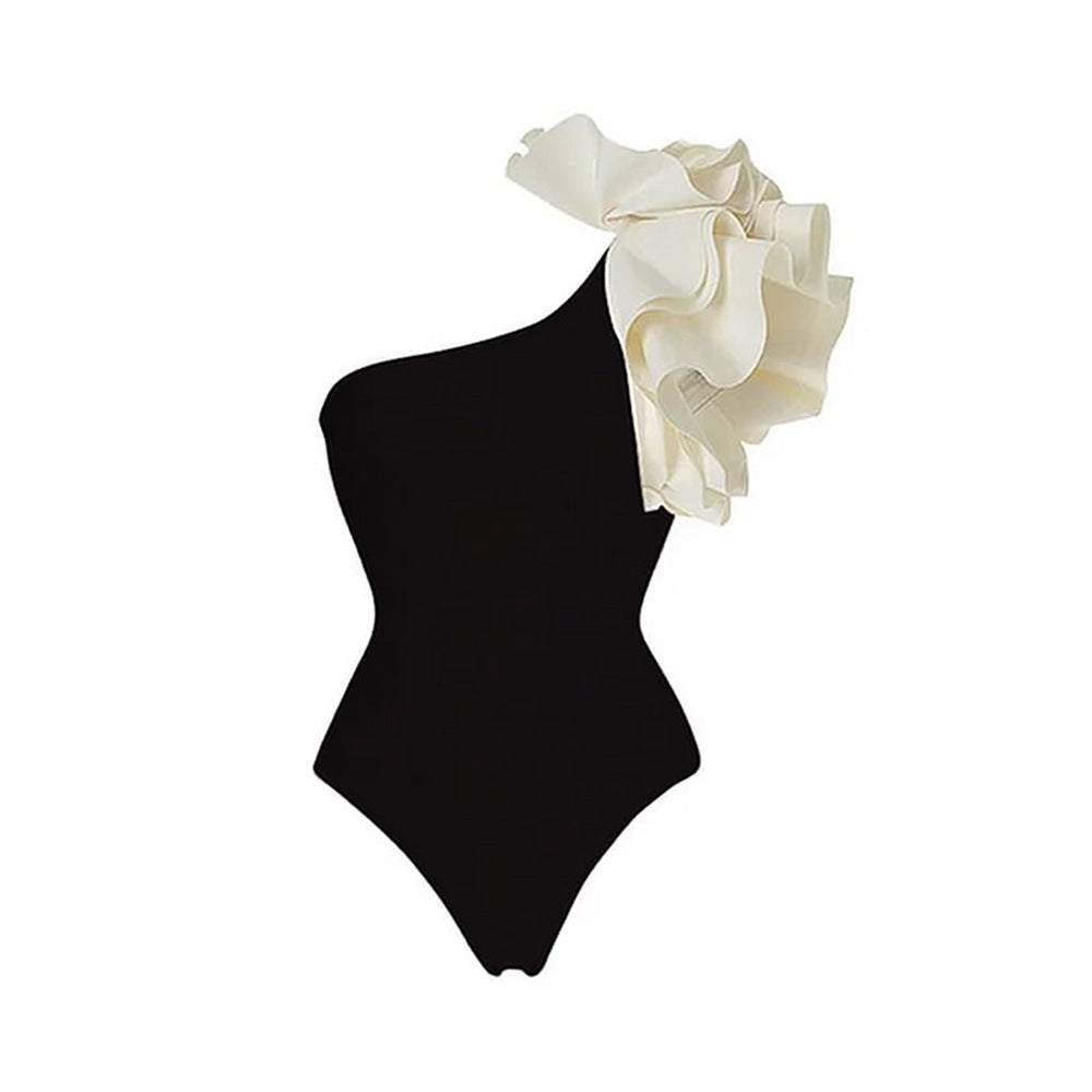 Solid Color Single Shoulder One Piece Swimming Suit Women Holiday Suit Skirt Swimsuit