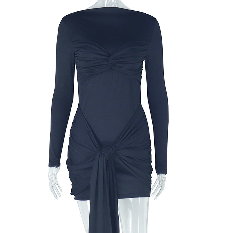 Women Clothing Elegant Stitching Solid Color Tied Bag Hip Long Sleeve round Neck High Waist Short Dress