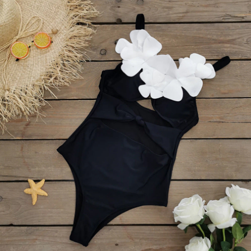 Solid Color Slim Fit Slimming Three Dimensional Floral Design One Piece Women Swimsuit