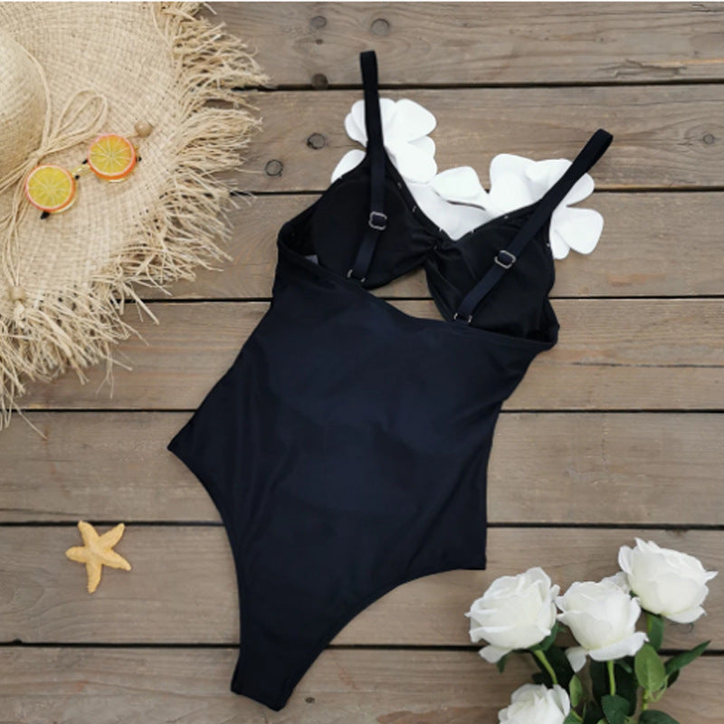 Solid Color Slim Fit Slimming Three Dimensional Floral Design One Piece Women Swimsuit