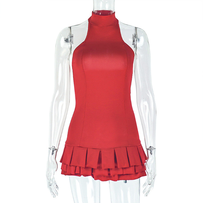 Personalized Waist Women Clothing Solid Color Fluffy Pleated Tiered Dress Stand Collar Short Sleeveless Dress