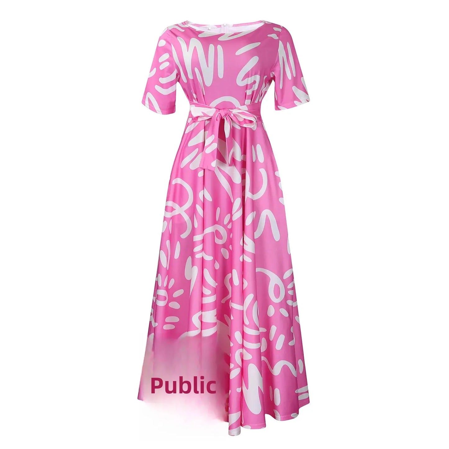 Printed Belted Dress Elegant Knee-Length Round Neck Short Sleeve Dress